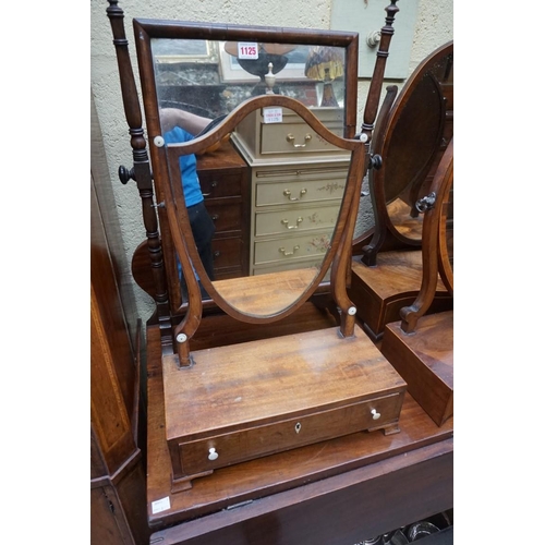 1125 - Three George III mahogany box base toilet mirrors, two with bone handles; together with another 19th... 