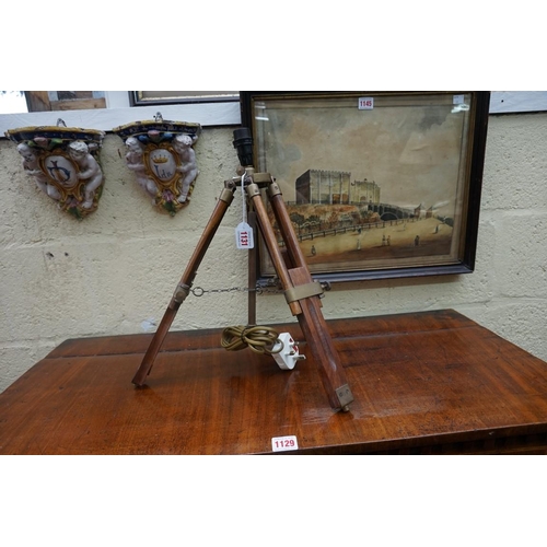 1131 - A novelty brass mounted tripod style table lamp, total height 41cm; together with one other table la... 