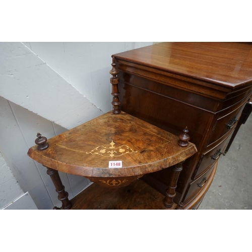 1148 - A Victorian figured walnut and inlaid standing corner whatnot, 61.5cm wide. ... 