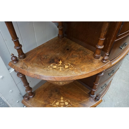 1148 - A Victorian figured walnut and inlaid standing corner whatnot, 61.5cm wide. ... 