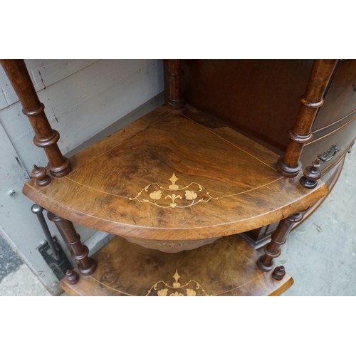 1148 - A Victorian figured walnut and inlaid standing corner whatnot, 61.5cm wide. ... 