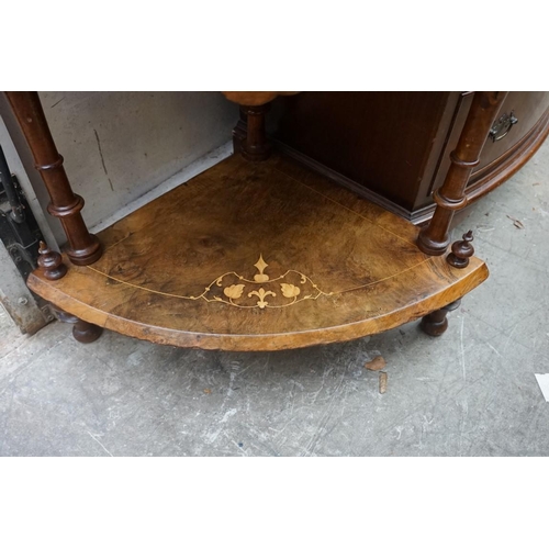 1148 - A Victorian figured walnut and inlaid standing corner whatnot, 61.5cm wide. ... 