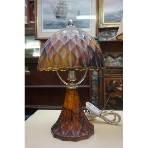 1159 - An Art Deco marble glass table lamp and shade, 38cm high; together with another table lamp.... 