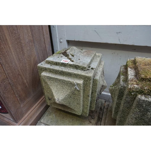 1167 - A pair of old composition stone gate pier finials, of lantern form, 50cm high, (a.f.).  ... 