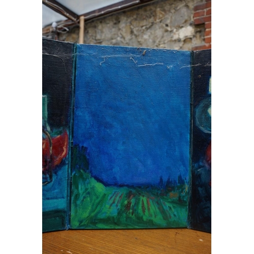 1194 - A painted canvas six fold double sided table screen, each panel 39.5 x 25.5cm.