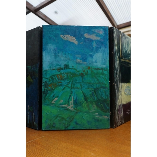 1194 - A painted canvas six fold double sided table screen, each panel 39.5 x 25.5cm.