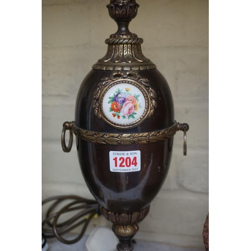 1204 - A patinated brass table lamp, on onyx base, total height 48.5cm.