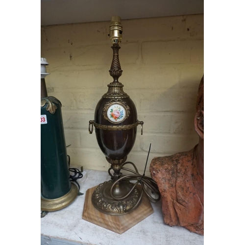 1204 - A patinated brass table lamp, on onyx base, total height 48.5cm.