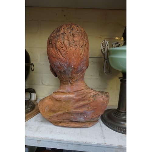 1205 - J.E.E., a terracotta bust of a gentleman, initialled and dated 1998, 39cm high.