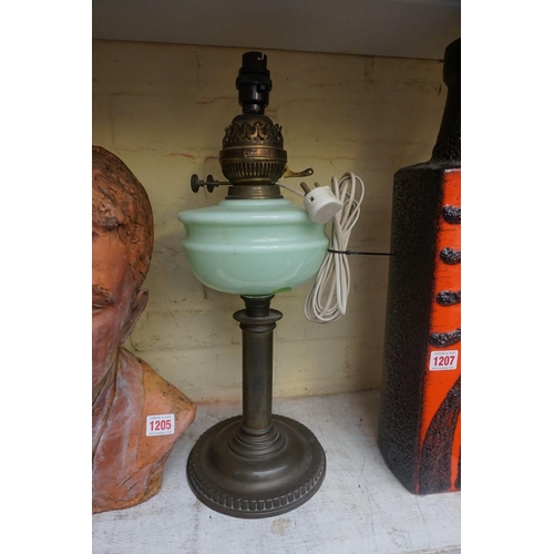 1206 - A brass and coloured glass table lamp, total height 48.5cm.