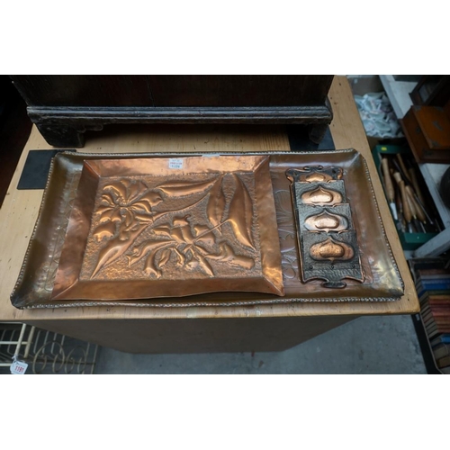 1226 - A Newlyn style copper rectangular tray, 54cm wide; and two others. (3) 