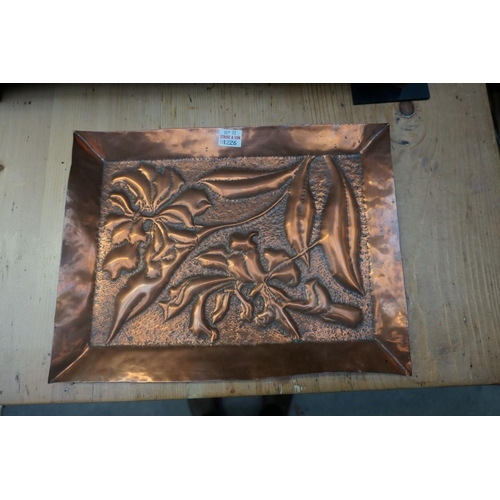 1226 - A Newlyn style copper rectangular tray, 54cm wide; and two others. (3) 