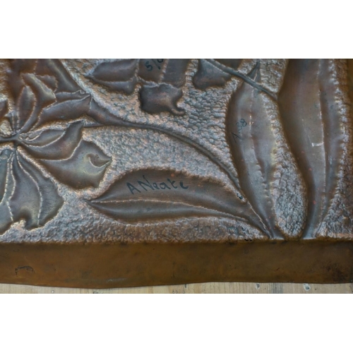 1226 - A Newlyn style copper rectangular tray, 54cm wide; and two others. (3) 