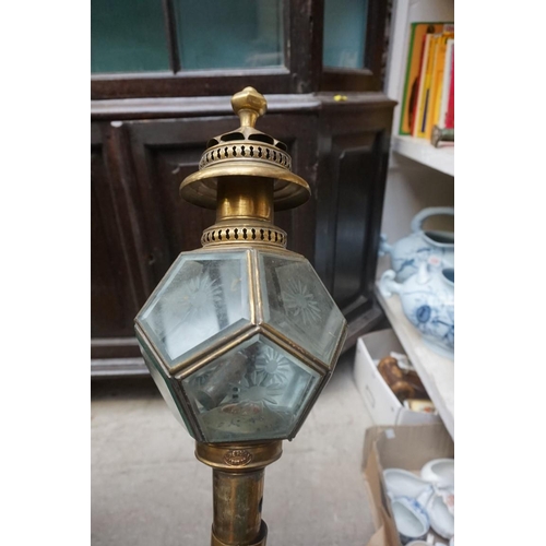 1228 - Two similar brass wall lanterns, each bearing copper plaque inscribed 'Line House Lamp Co'.... 