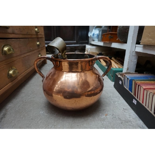 1240 - A copper twin handled vessel, 34.5cm wide; together with a coopered oak bowl; and three others. ... 