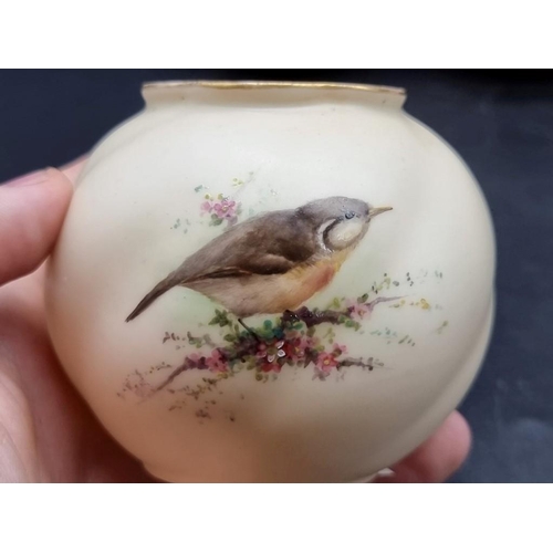 1254 - Three Royal Worcester and three Grainger & Co ovoid vases, each painted with a bird, 7cm high. (... 