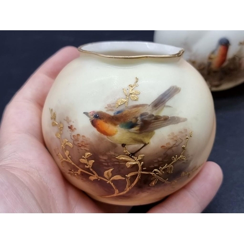 1254 - Three Royal Worcester and three Grainger & Co ovoid vases, each painted with a bird, 7cm high. (... 