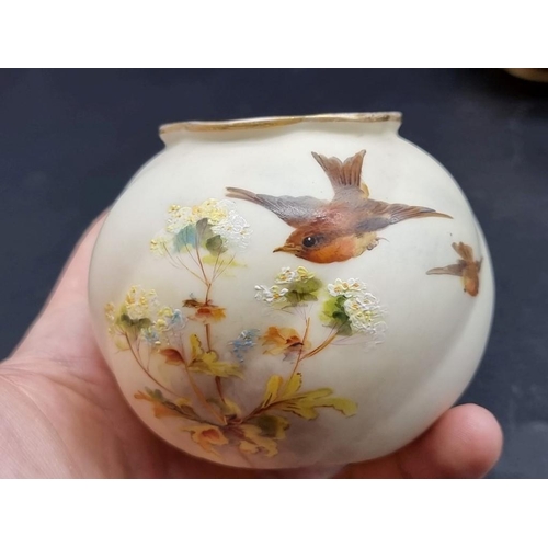 1254 - Three Royal Worcester and three Grainger & Co ovoid vases, each painted with a bird, 7cm high. (... 