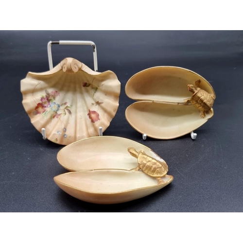 1255 - An unusual pair of Royal Worcester blush ivory tortoise and leaf dishes, circa 1907, shape no. 928, ... 