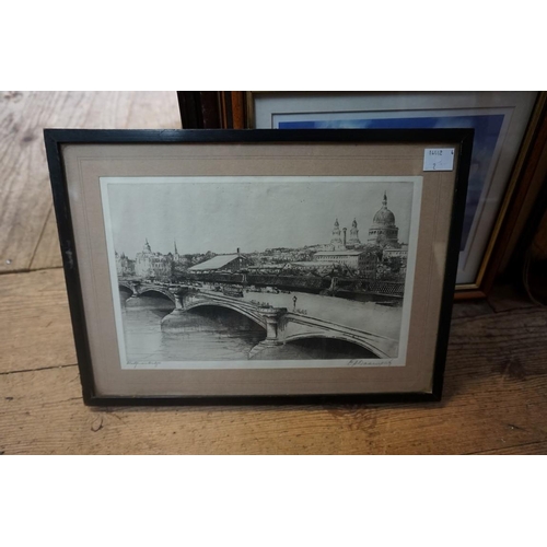 1298 - E Davenport?, 'Blackfriars Bridge', indistinctly signed, etching, pl.15.5 x 24cm; together with thre... 