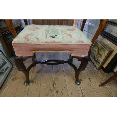 1304 - A Queen Anne walnut and upholstered stool, the tapestry seat decorated with a 17th century figure, 5... 