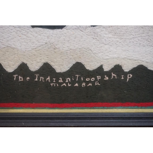 1332 - A Victorian woolwork panel of 'The Indian Troopship Malabar', 48 x 48.5cm. ... 