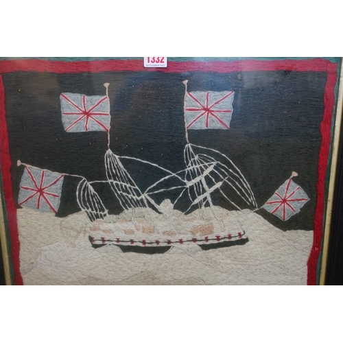 1332 - A Victorian woolwork panel of 'The Indian Troopship Malabar', 48 x 48.5cm. ... 