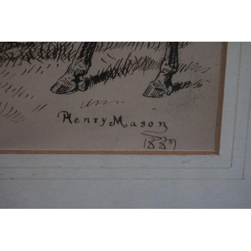 1336 - Henry Mason, horse and groom, signed and dated 1881, pen and ink, 18.5 x 18.5cm.... 