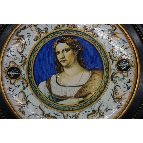 1338 - A 19th century Italian maiolica plate, painted with a Renaissance bust, inscribed to base, 'bought a... 