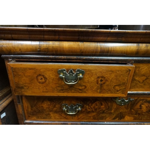 1351 - A George I burr walnut chest on stand, 97.5cm wide, (lacking legs).