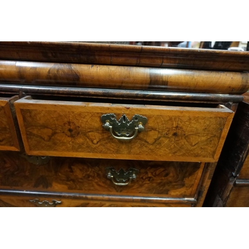 1351 - A George I burr walnut chest on stand, 97.5cm wide, (lacking legs).