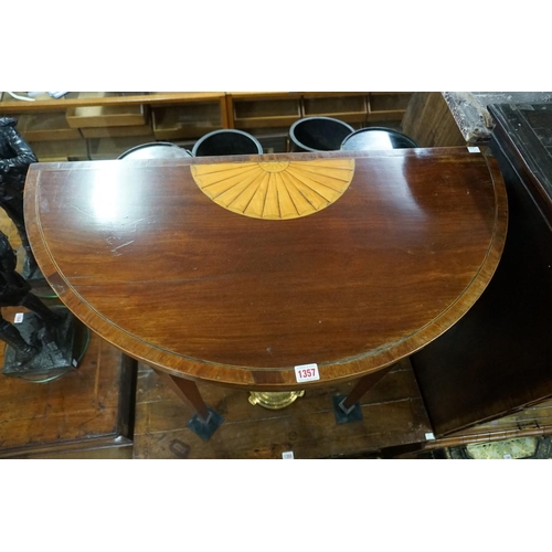 1357 - A George III mahogany and inlaid demi-lune card table, with double gateleg, 91.5cm wide.... 