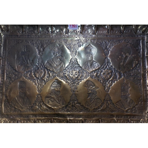 1361 - A Persian brass rectangular tray, decorated with the busts of eight Shahs, 56.5cm wide. ... 