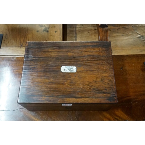 1367 - A Victorian figured walnut writing slope, 30cm wide; together with another Victorian rosewood work b... 