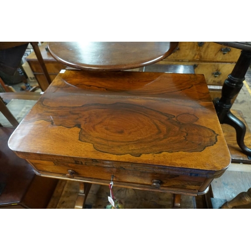 1375 - A Victorian rosewood combination games work table, the foldover top with chequerboard inlay, 78... 