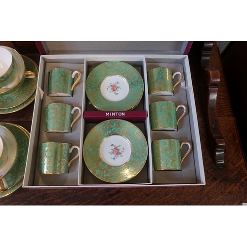 1436 - A Minton green 'Brocade' pattern part tea and dinner service, to include a boxed set of six coffee c... 