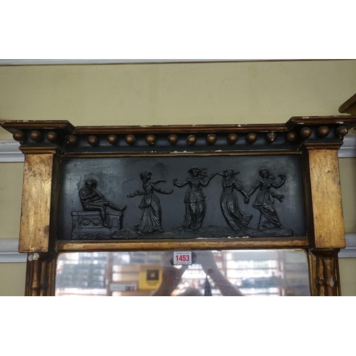 1453 - A Regency giltwood pier mirror, the frieze relief decorated with figures, 100.5 x 62cm. ... 