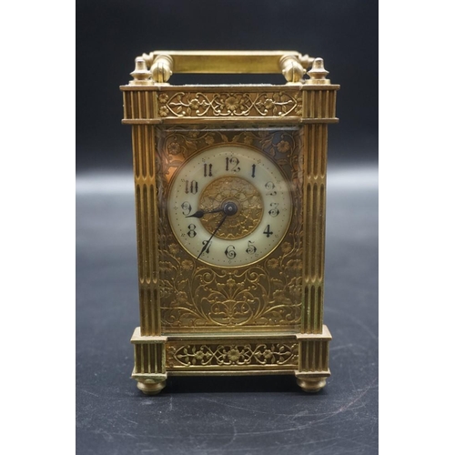 1467 - An antique brass carriage timepiece, height including handle 15.5cm.