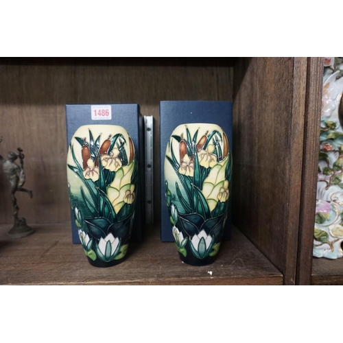 1486 - A pair of Moorcroft 'Bullrushes' pattern vases, 19cm high, each boxed.