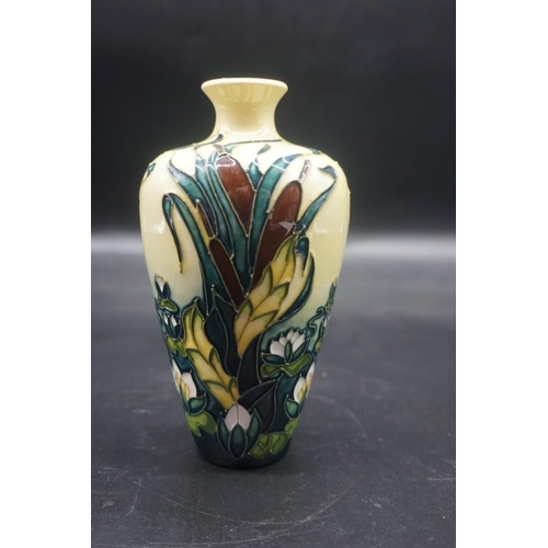 1492 - Two Moorcroft vases, comprising: 'a Vegetable Patch' pattern jar and cover, 15cm high; and a 'Bullru... 