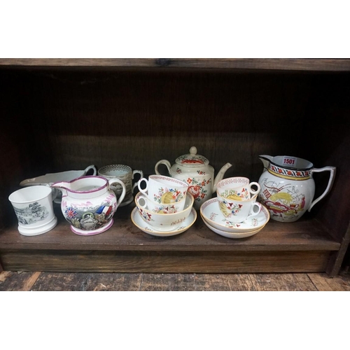 1501 - A group of 18th/19th century pottery and porcelain, to include: pearlware and creamware; and a Sunde... 