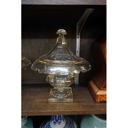 1514 - A pair of 19th century cut glass pedestal bowls and covers, probably Irish, 30cm high, (chip to corn... 