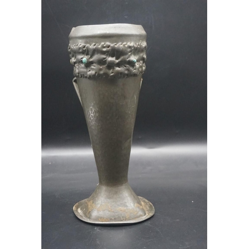 1523 - A Liberty Tudric pewter twin handled vase, No.0786, with Ruskin style cabochon mounts, 34cm high.&nb... 