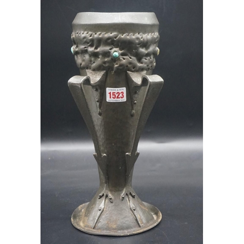 1523 - A Liberty Tudric pewter twin handled vase, No.0786, with Ruskin style cabochon mounts, 34cm high.&nb... 