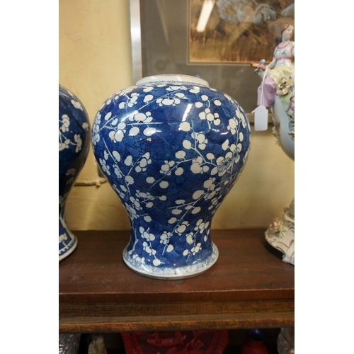 1530 - Two similar Chinese blue and white prunus jars, Qing, largest 32cm high.