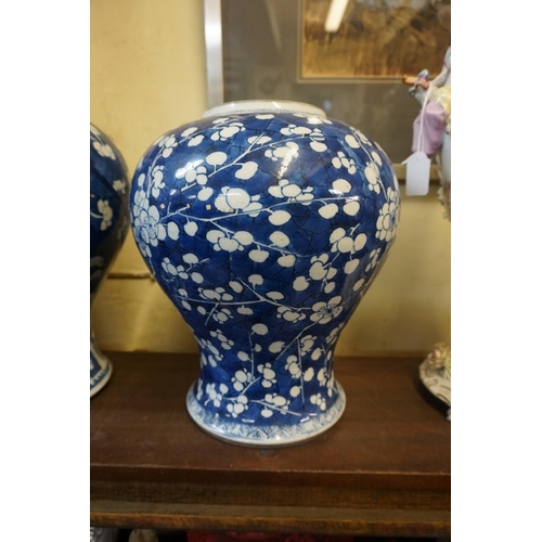 1530 - Two similar Chinese blue and white prunus jars, Qing, largest 32cm high.