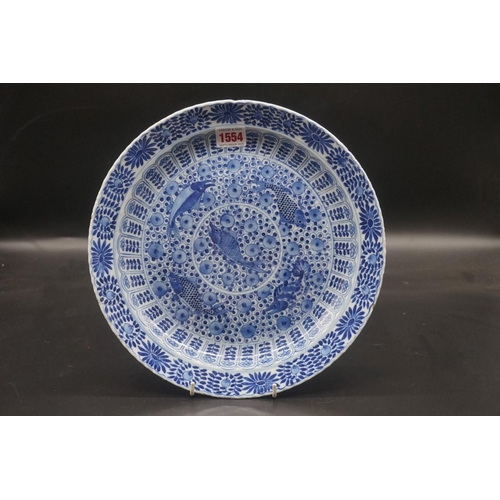 1554 - A large Chinese blue and white plates, Kangxi four character mark to base, painted with fish, 30cm d... 