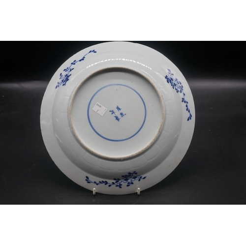 1554 - A large Chinese blue and white plates, Kangxi four character mark to base, painted with fish, 30cm d... 