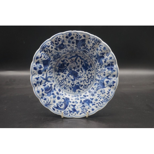 1554 - A large Chinese blue and white plates, Kangxi four character mark to base, painted with fish, 30cm d... 