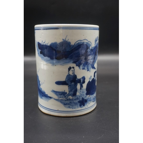 1572 - A Chinese blue and white brushpot bitong, painted with figures in a continuous landscape, 16cm high.... 